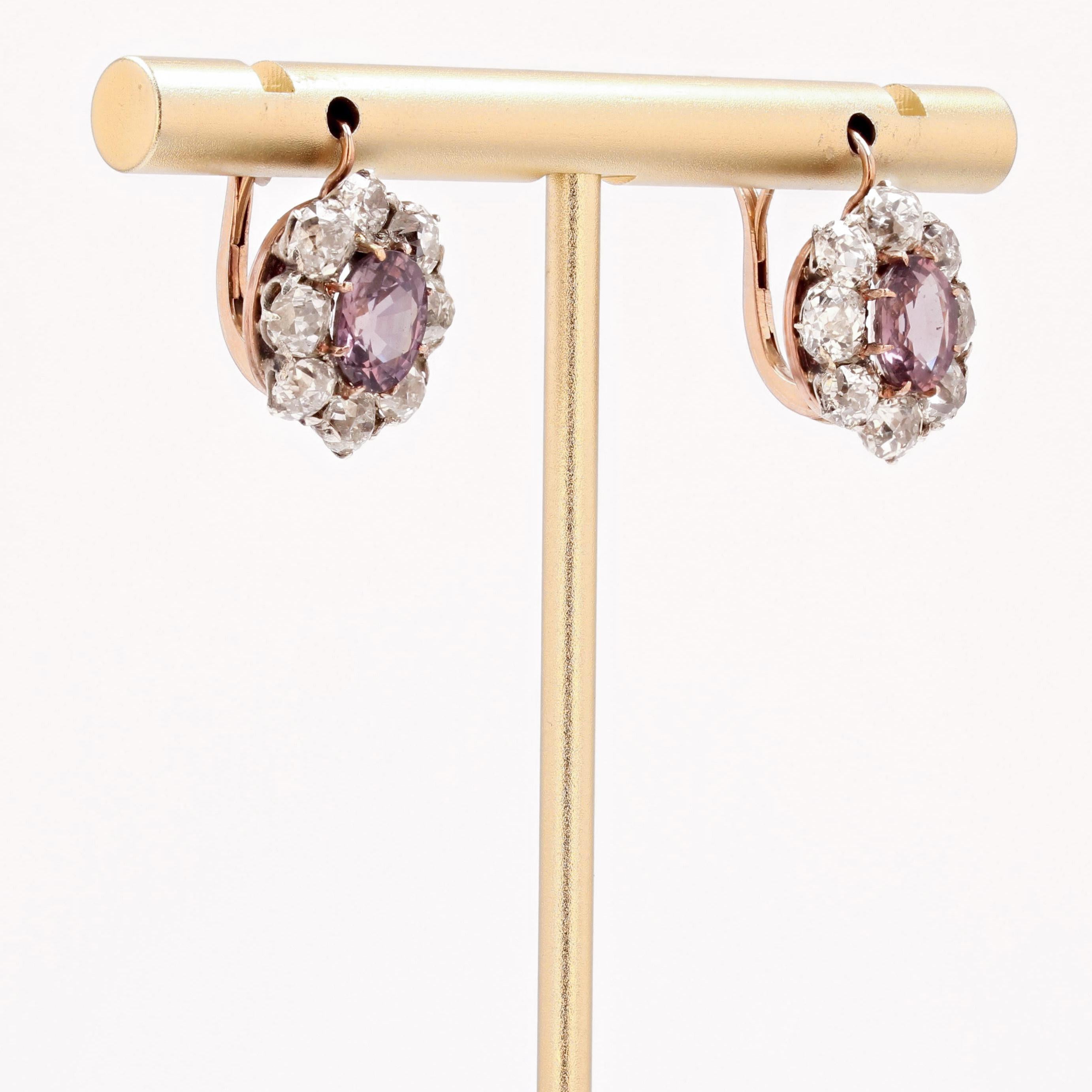 Women's French 19th Century Pink Sapphires Diamonds 18 Karat Rose Gold Daisy Earrings