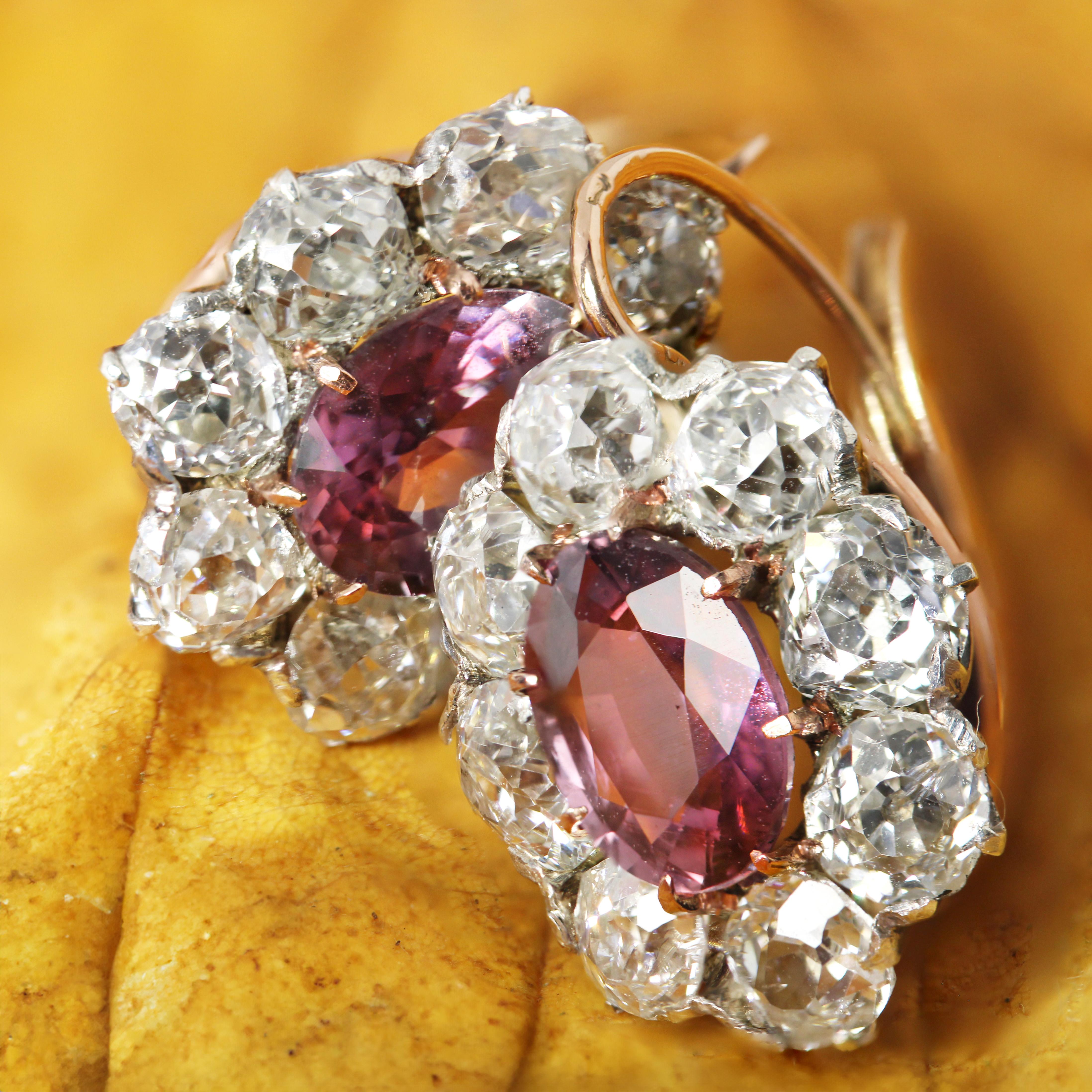 French 19th Century Pink Sapphires Diamonds 18 Karat Rose Gold Daisy Earrings 3