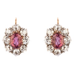 French 19th Century Pink Sapphires Diamonds 18 Karat Rose Gold Daisy Earrings