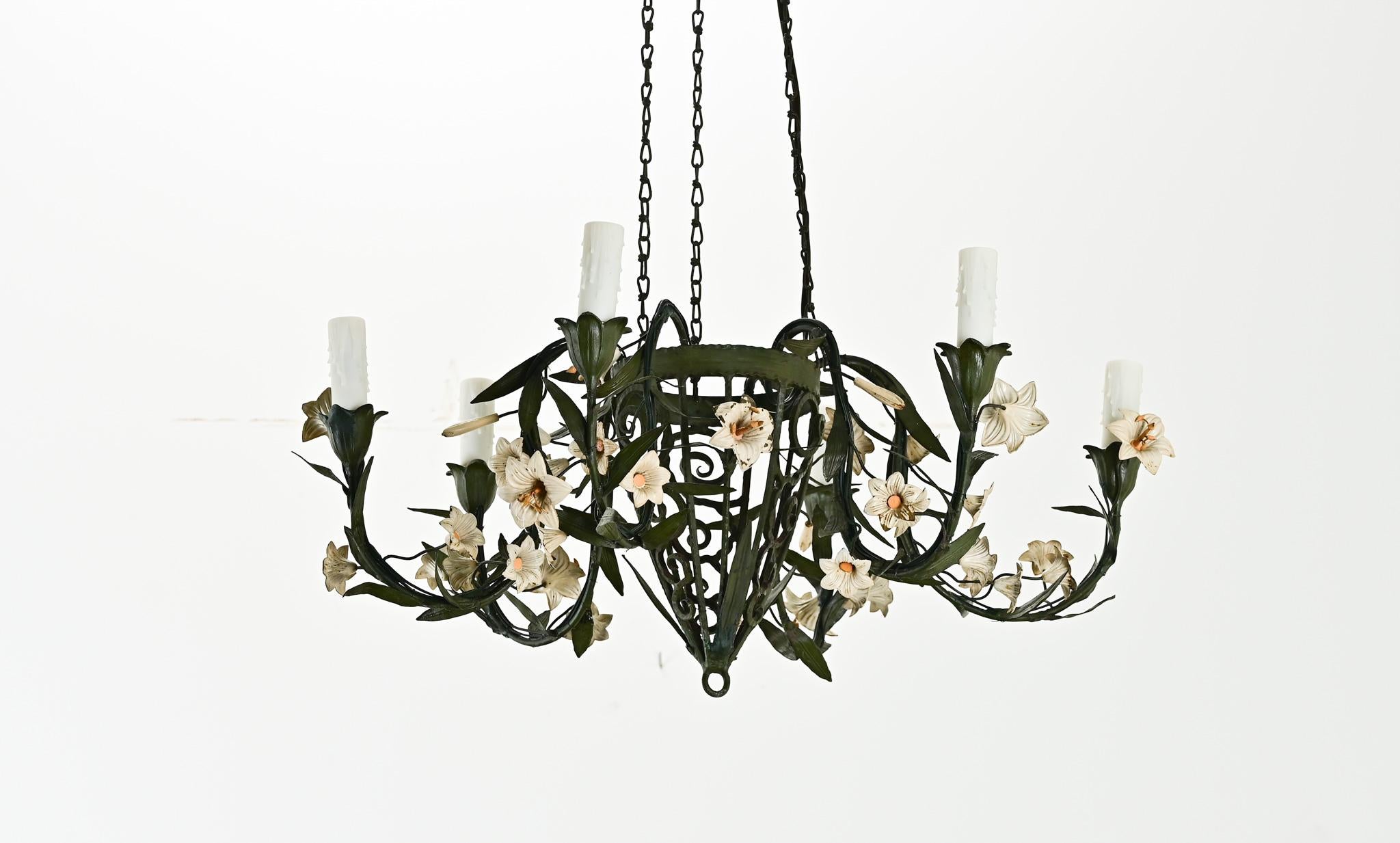 Metalwork French 19th Century Polychrome Iron Chandelier