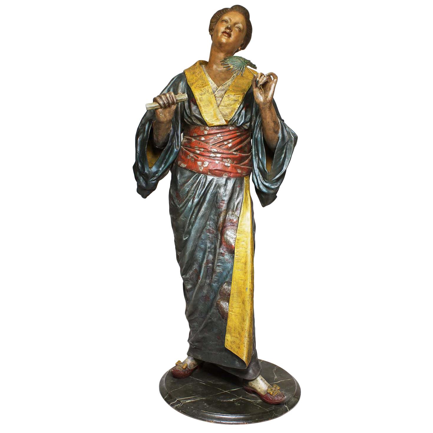 Figure grandeur nature d'une geisha polychromée du 19ème siècle, Charles Massé