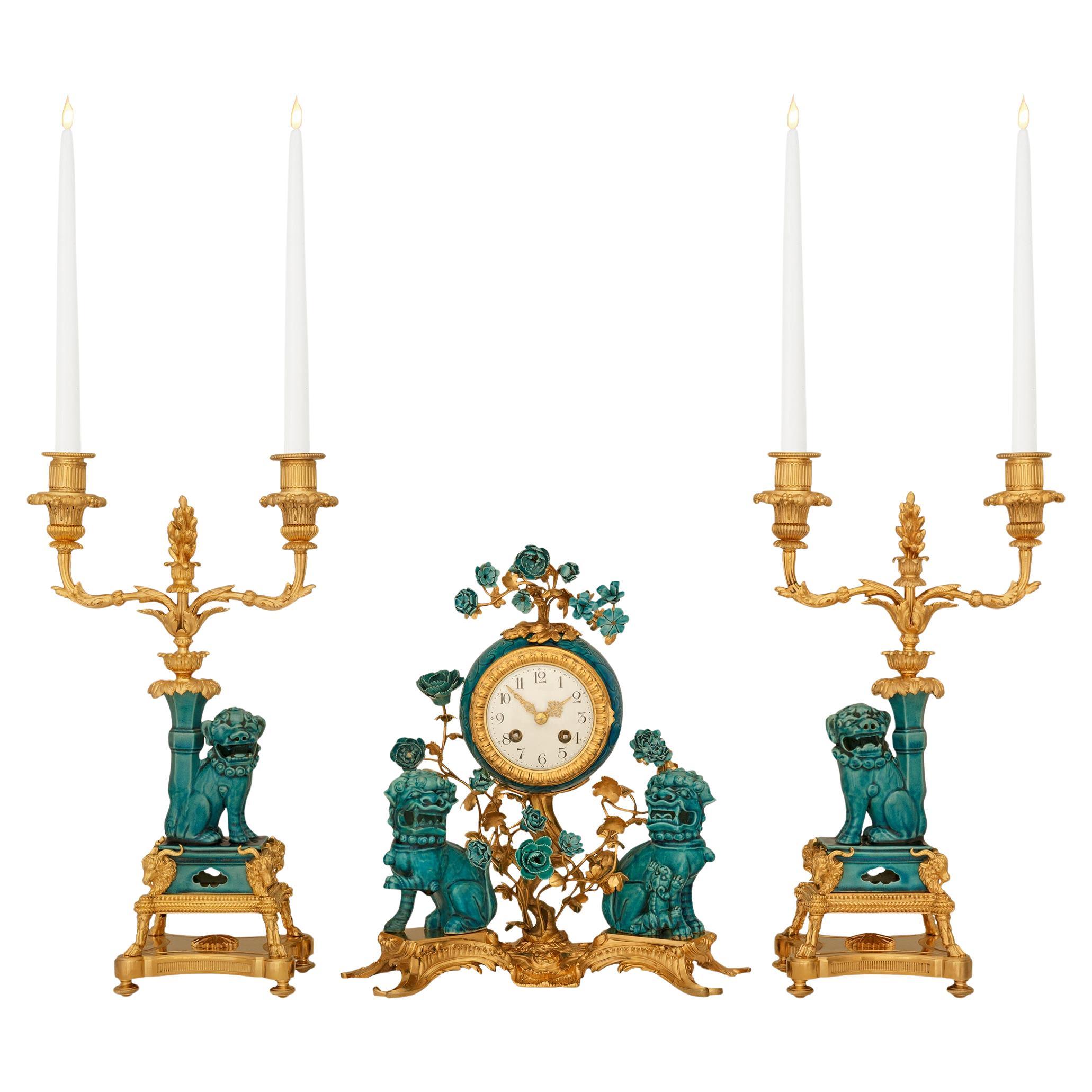 French 19th century Porcelain and Ormolu garniture set, stamped S.F.R.A.