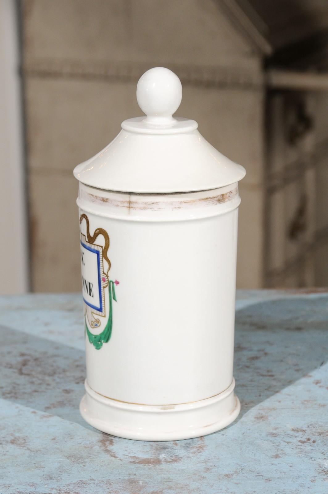 French 19th Century Porcelain Pharmacy Jar with Bowl of Hygieia Motif and Label 6