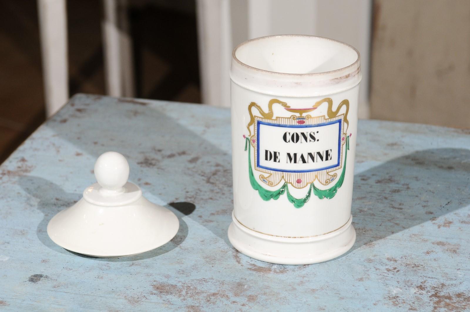 French 19th Century Porcelain Pharmacy Jar with Bowl of Hygieia Motif and Label 7