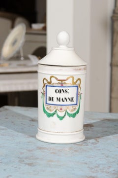 French 19th Century Porcelain Pharmacy Jar with Bowl of Hygieia Motif and Label