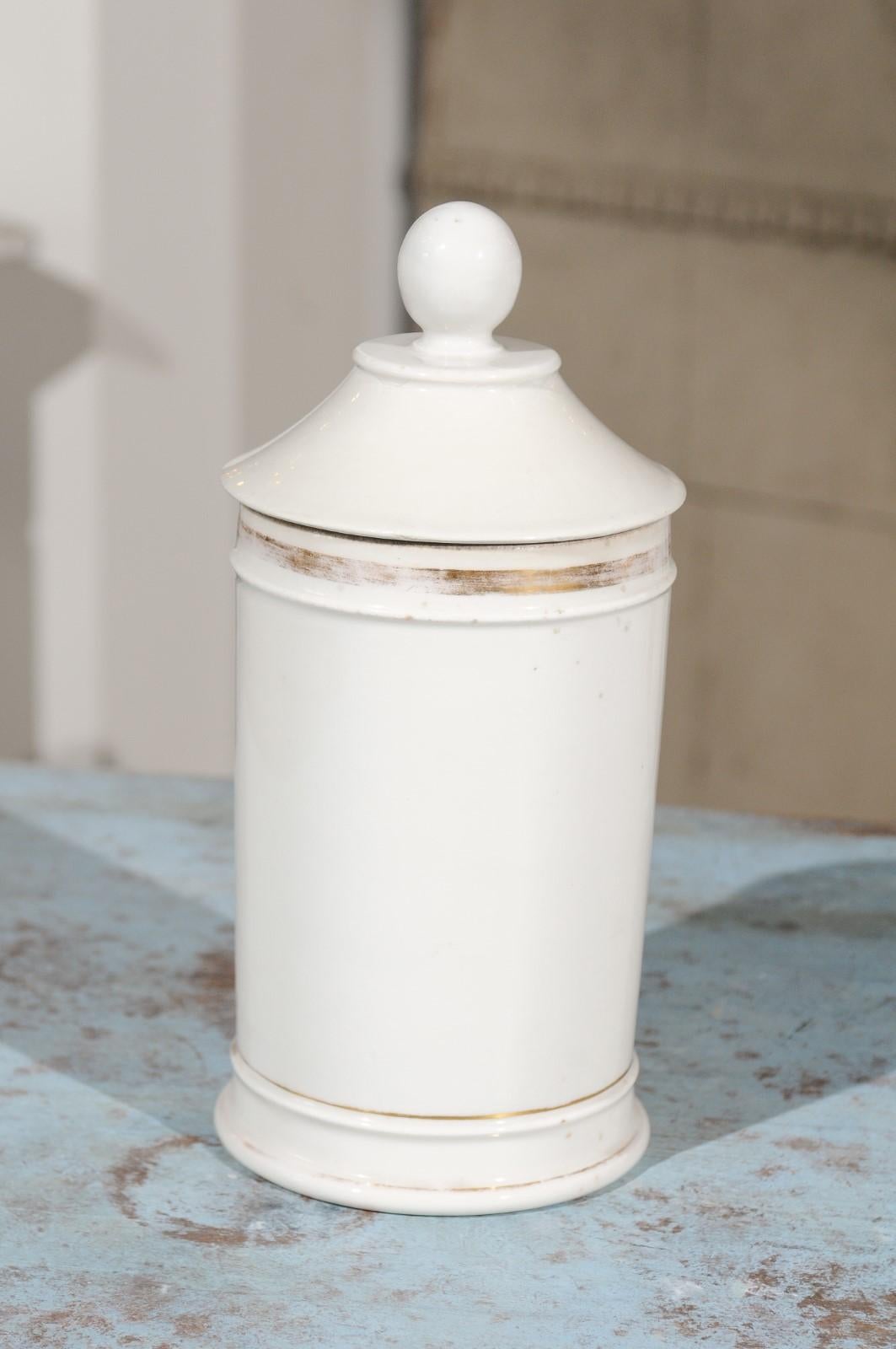 French 19th Century Porcelain Pharmacy Jar with Bowl of Hygieia Motif and Label 5