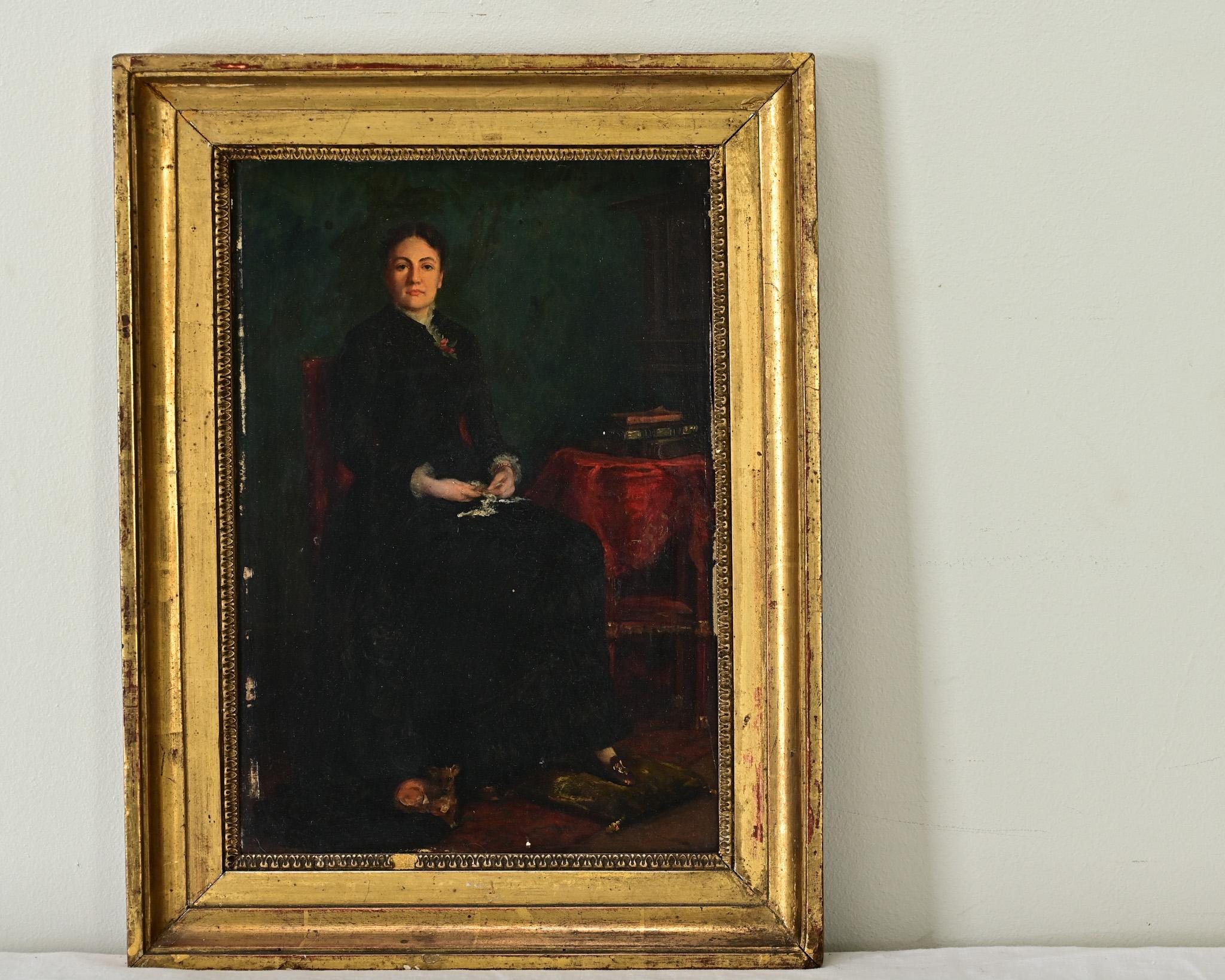 Ce portrait saisissant, réalisé vers 1880 à l'huile sur panneau, rend hommage à une dame qui a manifestement des moyens et un certain statut, puisqu'elle est assise pour l'artiste avec un petit chihuahua à ses pieds. Elle est modestement vêtue de