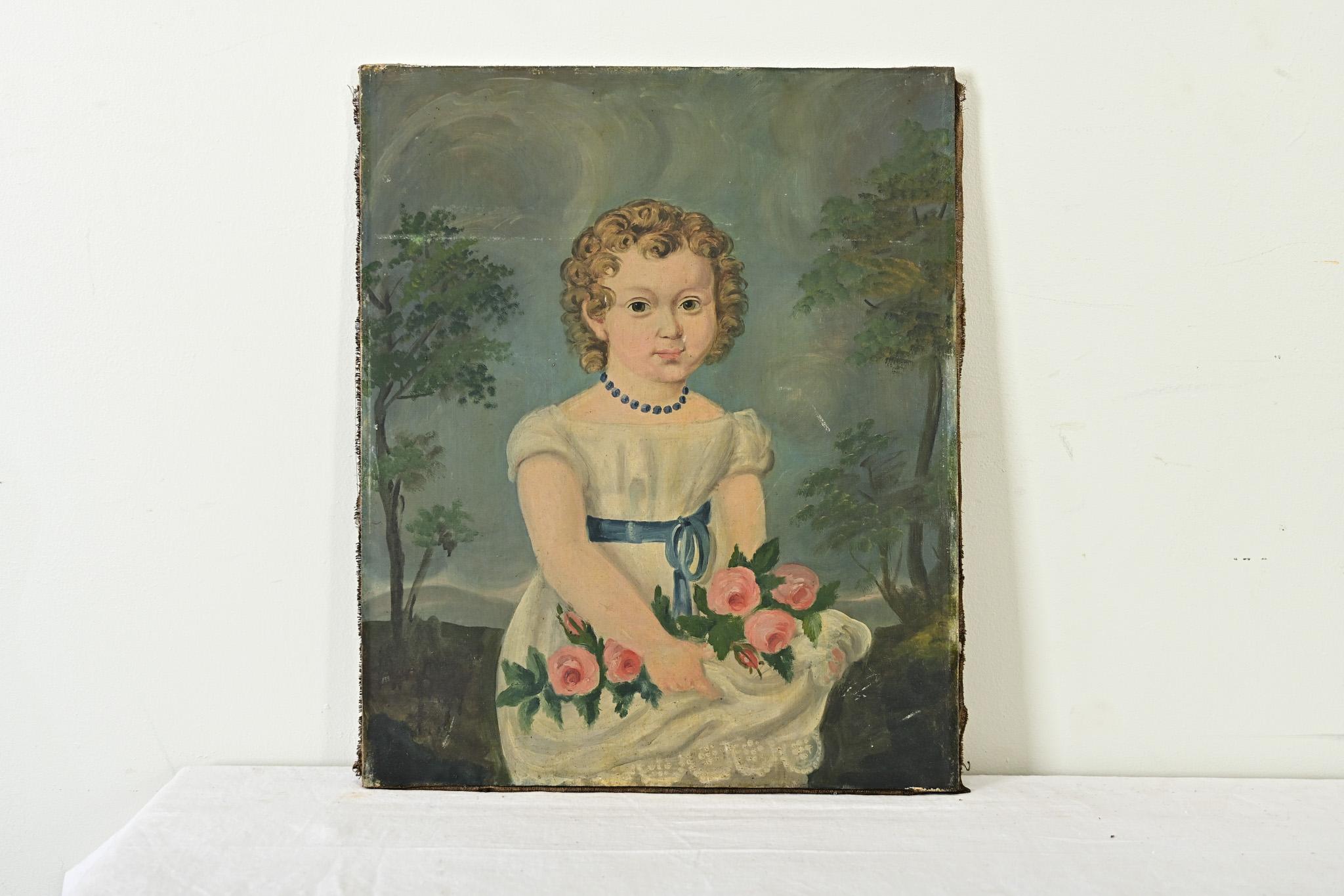 A heartwarming, late 19th century French oil-on-linen portrait of a young girl bearing a garland of pink flowers, painted in a technique of folk art naivete for emotional, rather than realistic, effect. Likely a posthumous portrait, sadly, works