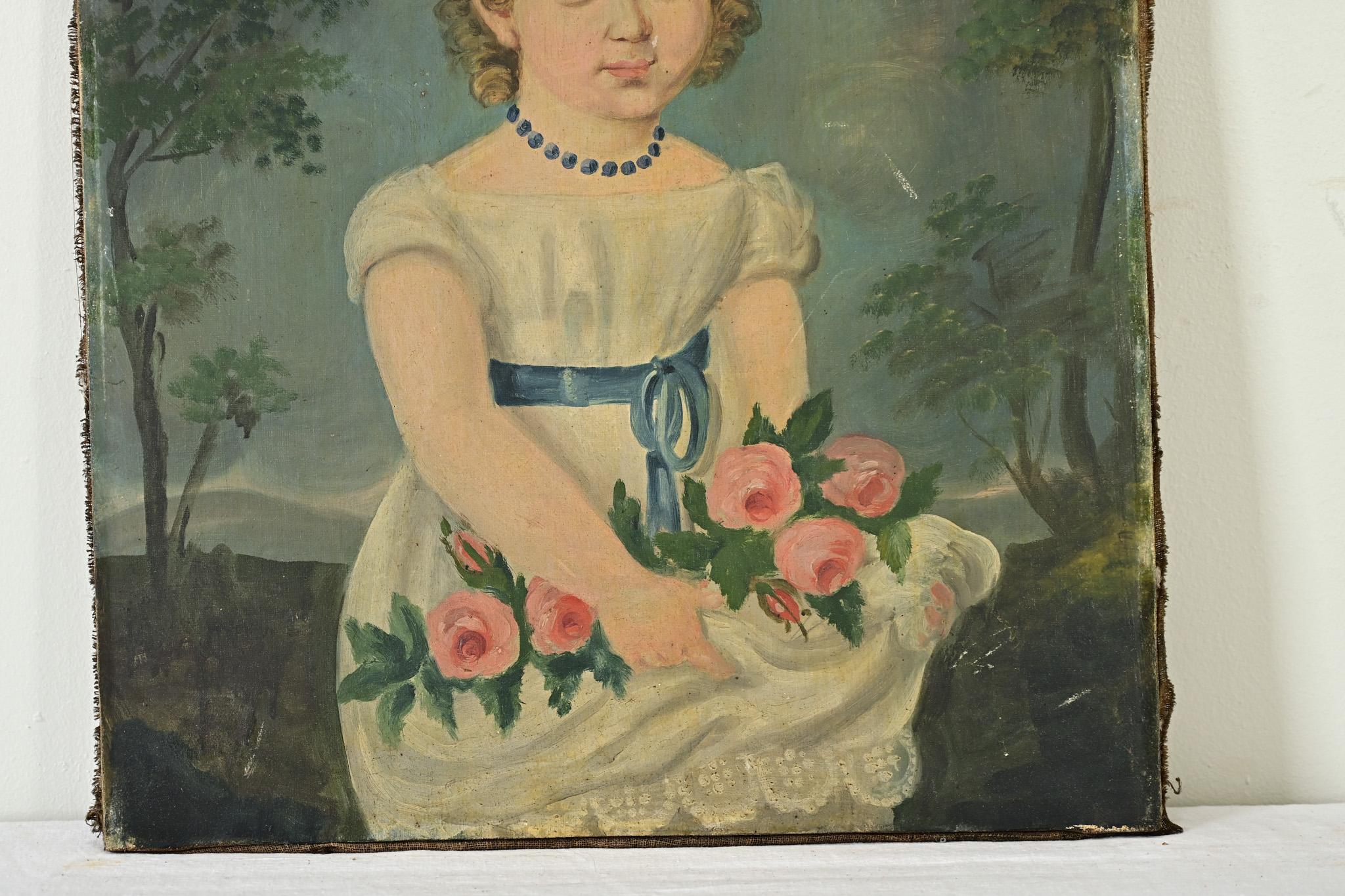 Folk Art French 19th Century Portrait of a Flower Girl For Sale