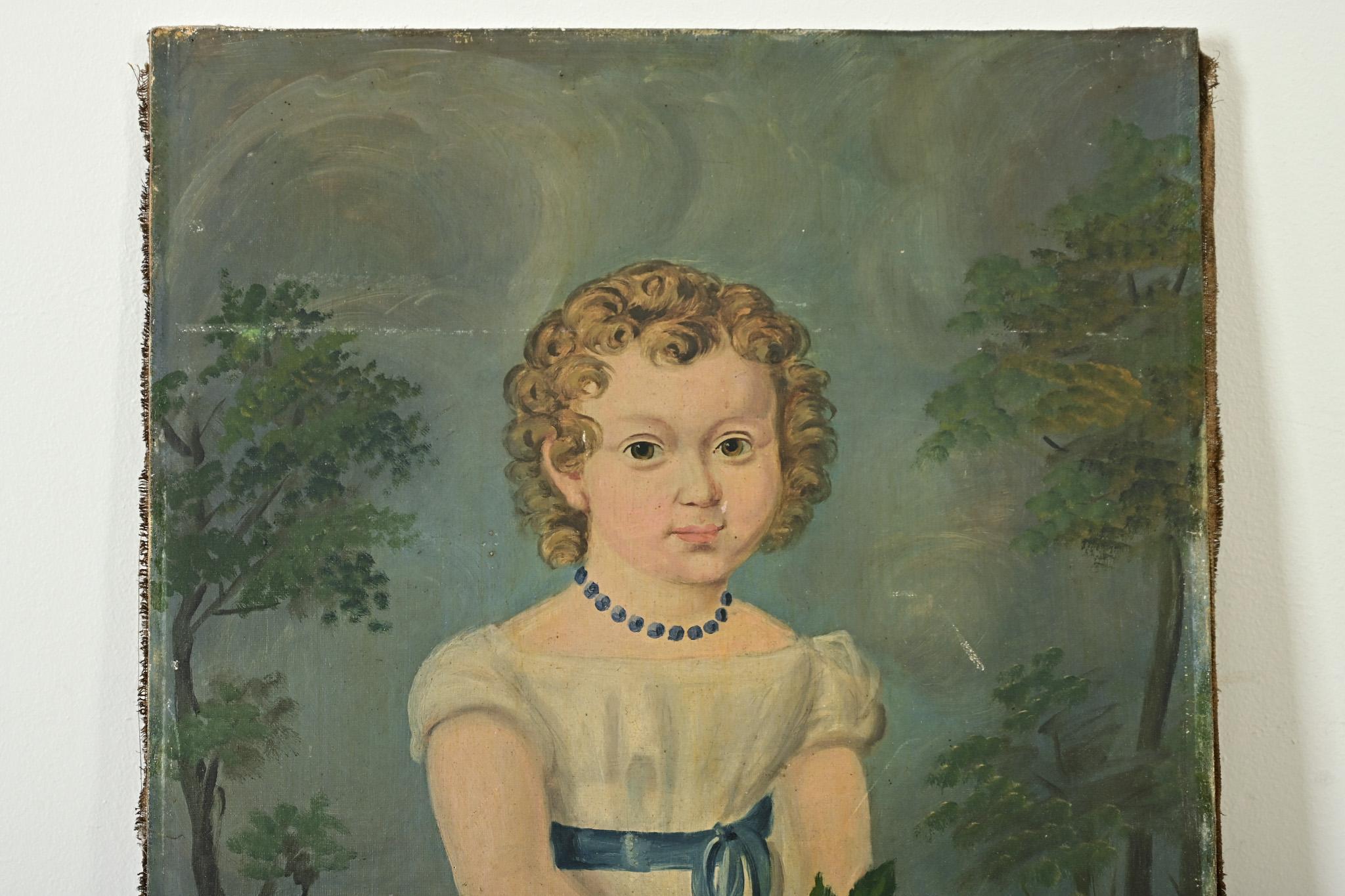 Oiled French 19th Century Portrait of a Flower Girl For Sale