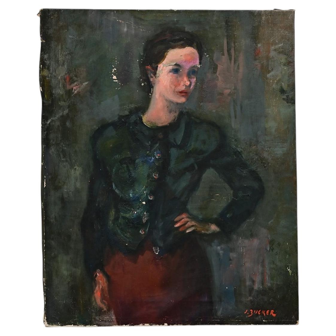 French 19th Century Portrait of a Woman in Green Blouse