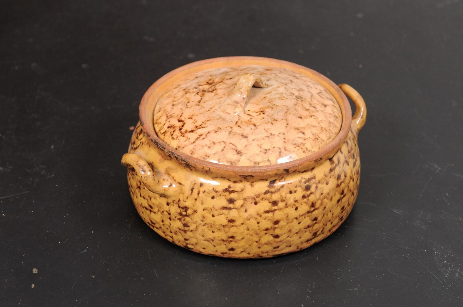French 19th Century Pottery Covered Baking Dish with Brown Blotched Glaze In Good Condition For Sale In Atlanta, GA