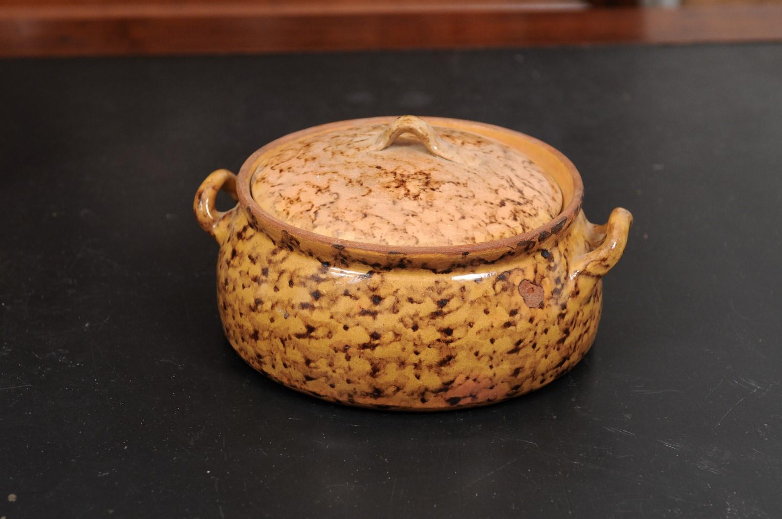 French 19th Century Pottery Covered Baking Dish with Brown Blotched Glaze For Sale 3