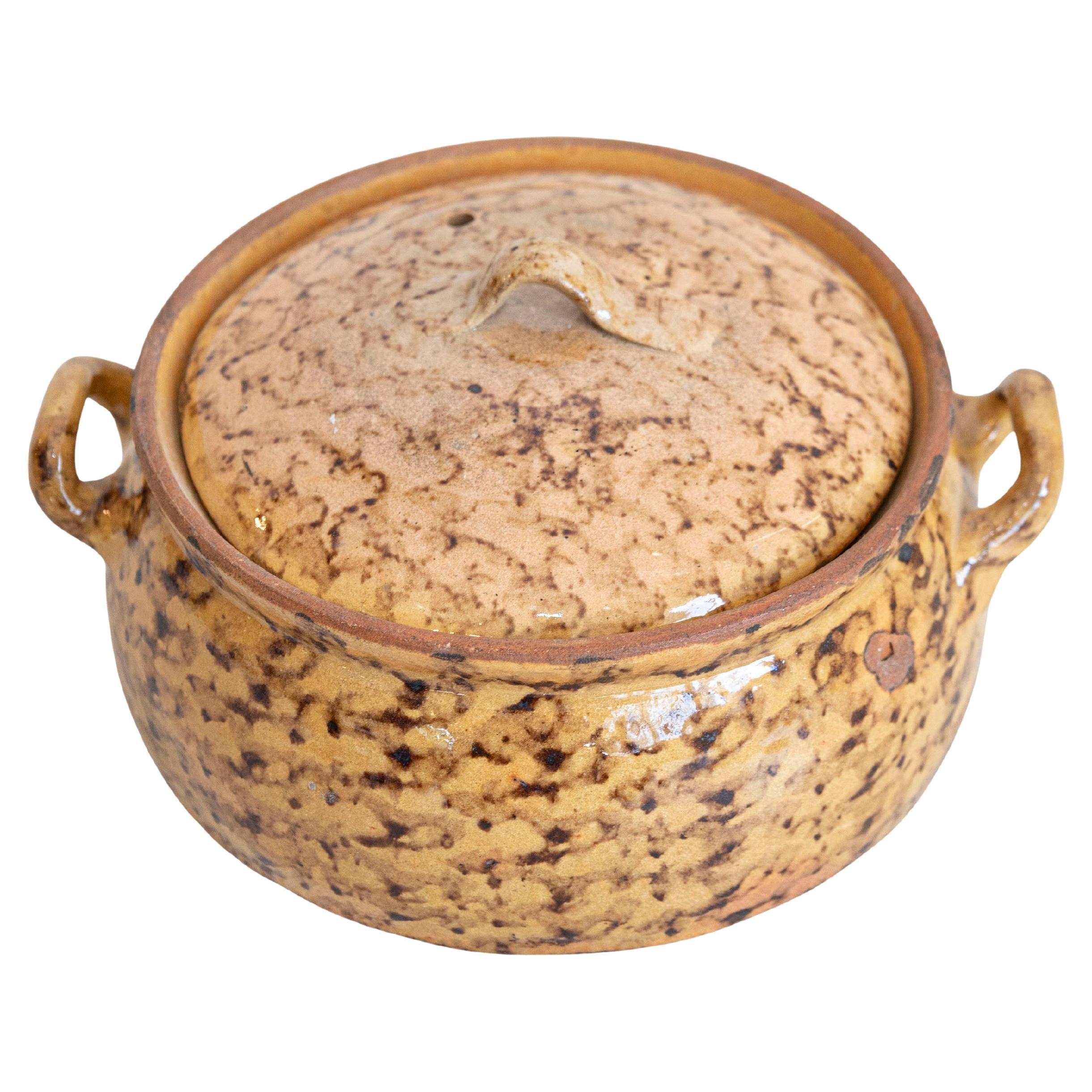 French 19th Century Pottery Covered Baking Dish with Brown Blotched Glaze