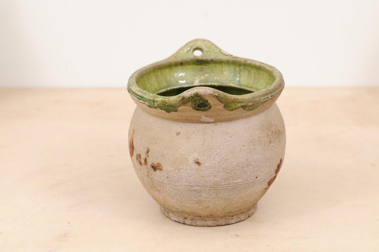 Unglazed French 19th Century Pottery Hanging Container with Green Glazed Interior