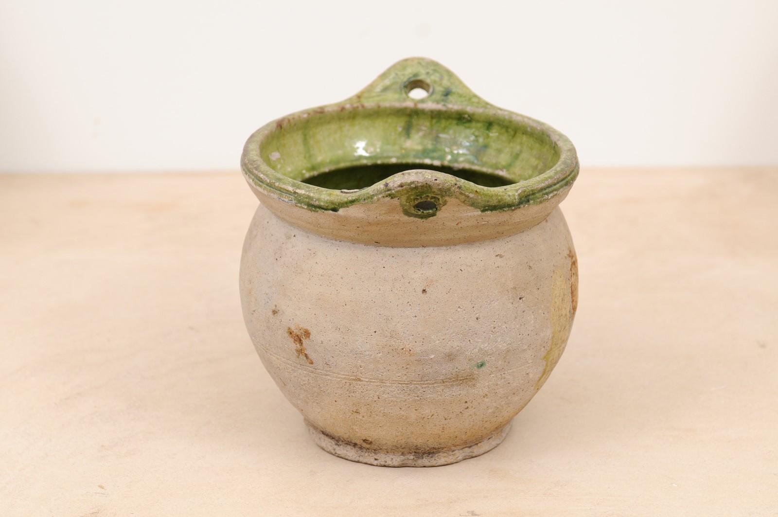 French 19th Century Pottery Hanging Container with Green Glazed Interior 3