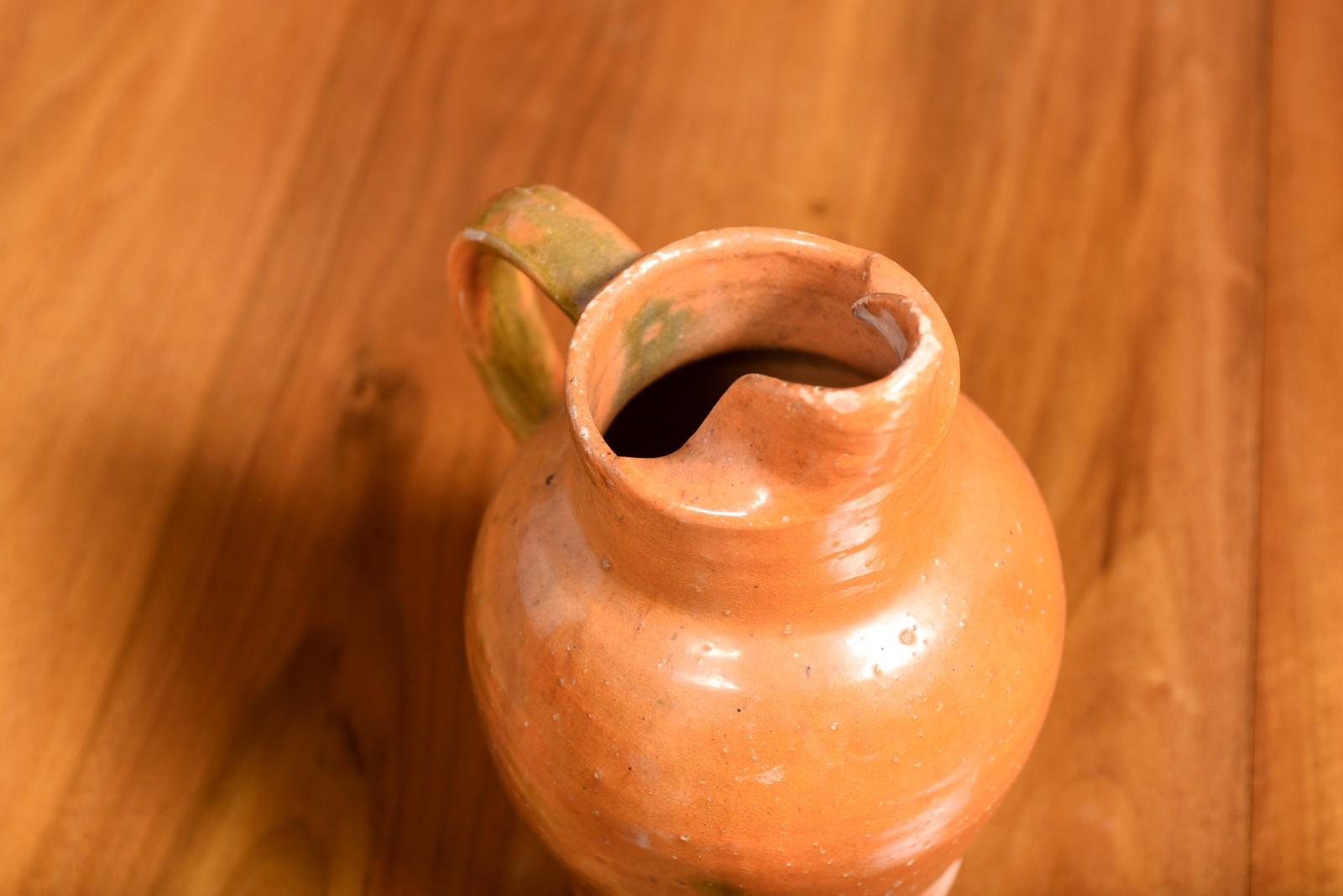 French 19th Century Pottery Jug with Orange Glaze, Back Handle and Front Spout In Good Condition In Atlanta, GA