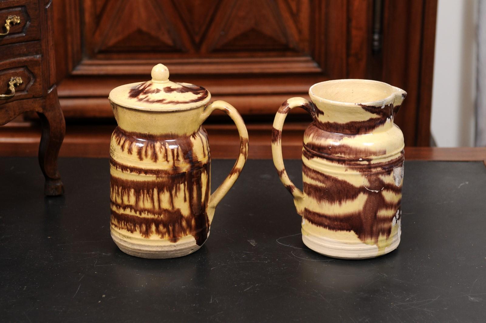 French 19th Century Pottery Pitcher with Cream and Brown Glaze with Dripping In Good Condition For Sale In Atlanta, GA