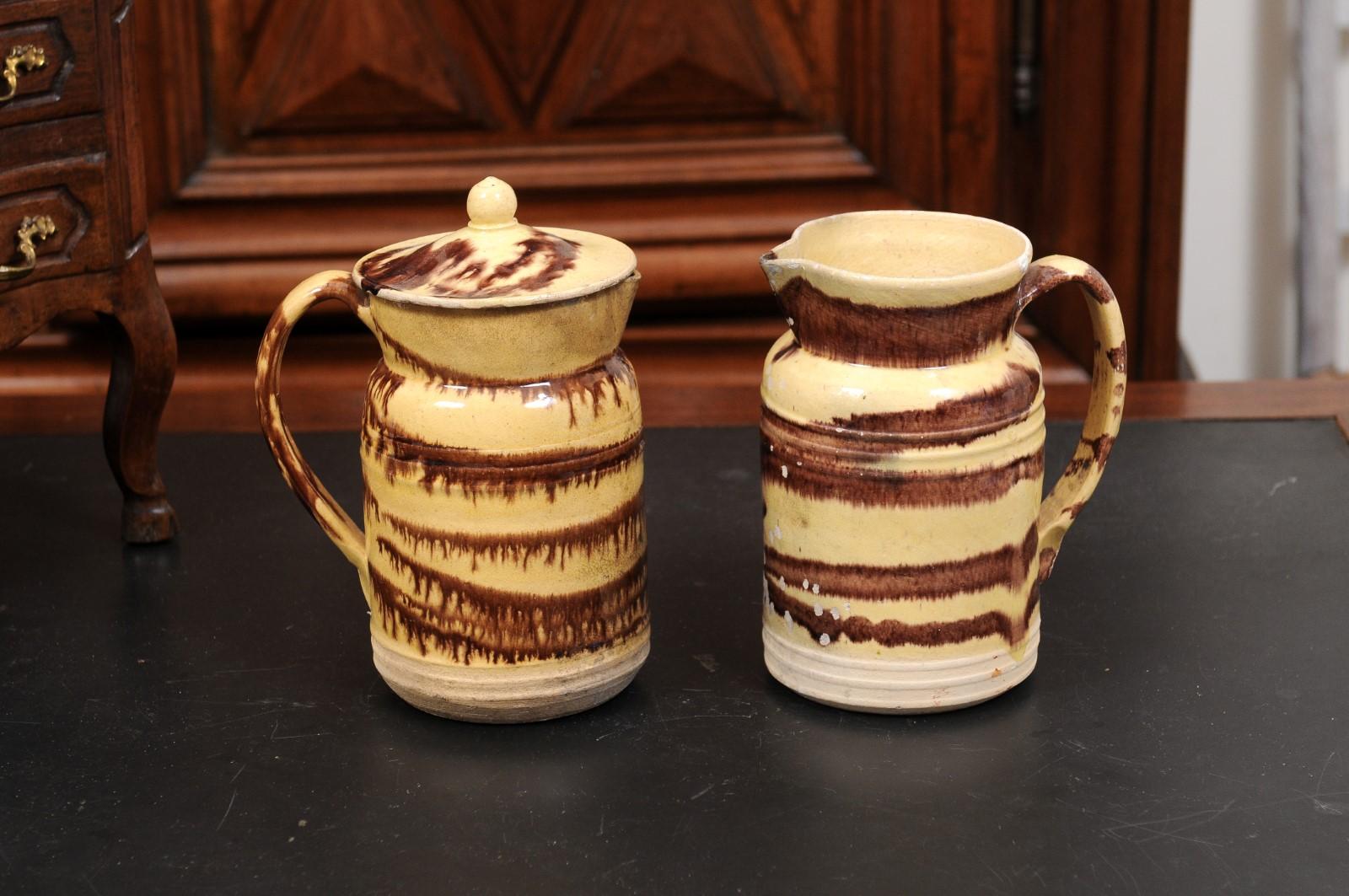 French 19th Century Pottery Pitcher with Cream and Brown Glaze with Dripping For Sale 2
