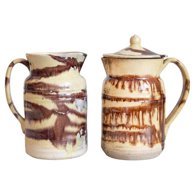 Two Rustic French 19th Century Pottery Pitchers with Yellow and Brown ...