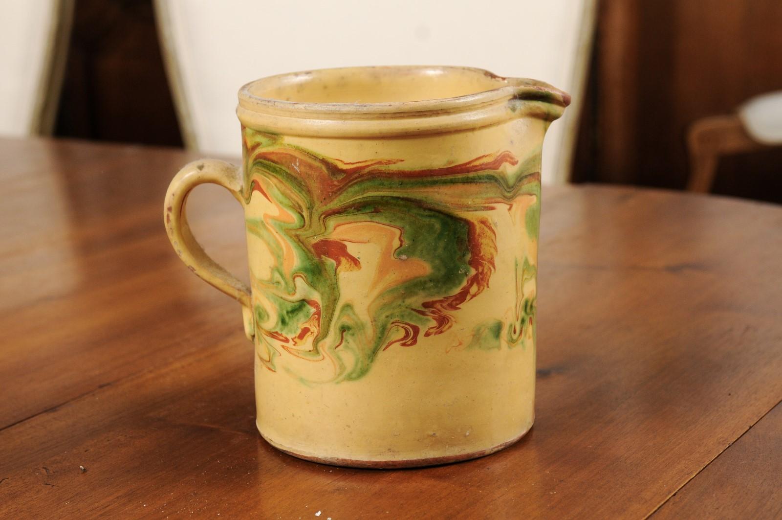 French 19th Century Pottery Pitcher with Marbleized Glazed Décor 1