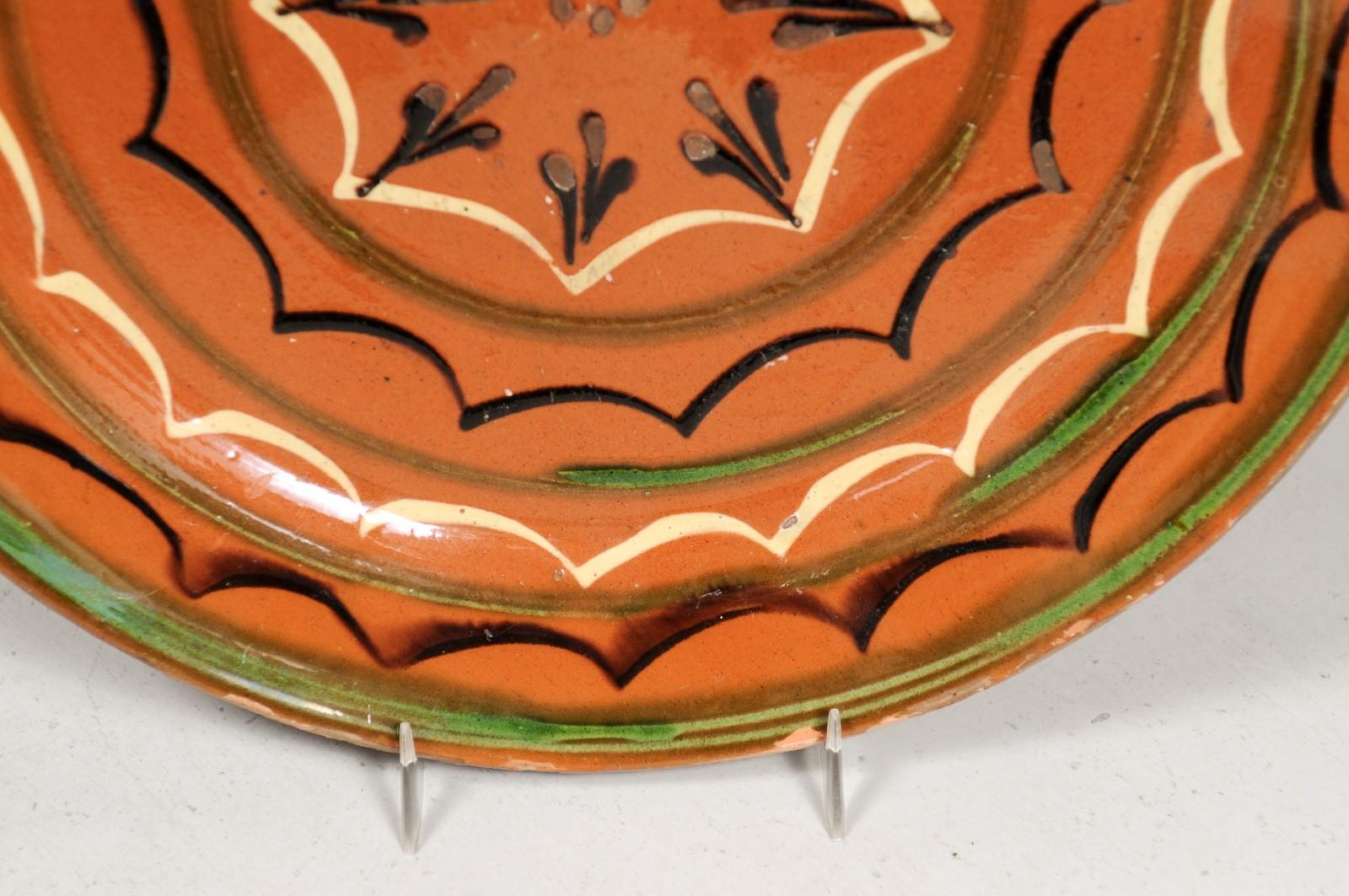French 19th Century Pottery Plate with Rust Glaze, Black, Green and Cream Motifs 6