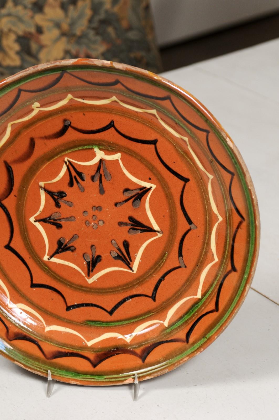 French 19th Century Pottery Plate with Rust Glaze, Black, Green and Cream Motifs 8
