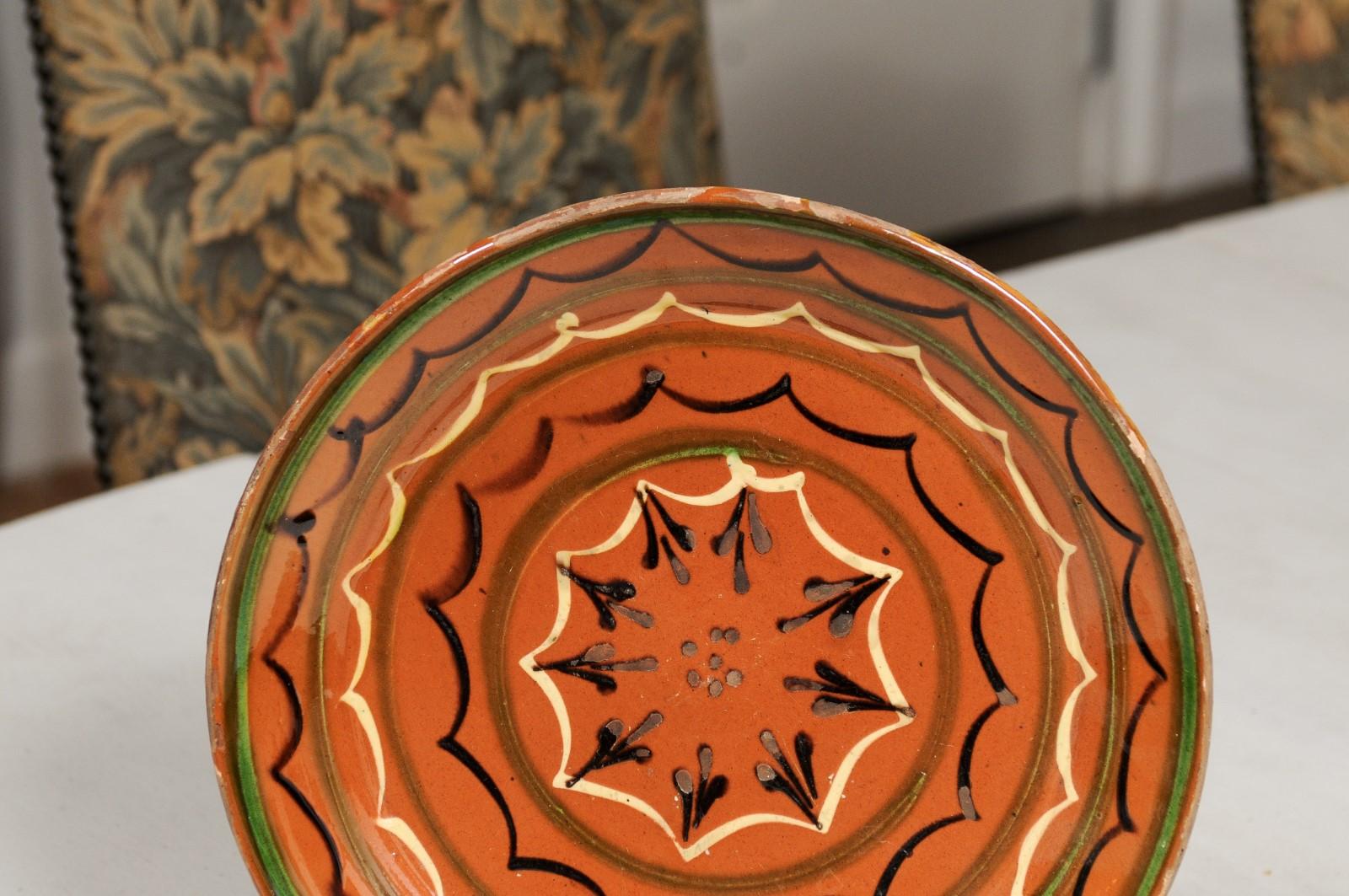 French 19th Century Pottery Plate with Rust Glaze, Black, Green and Cream Motifs 5