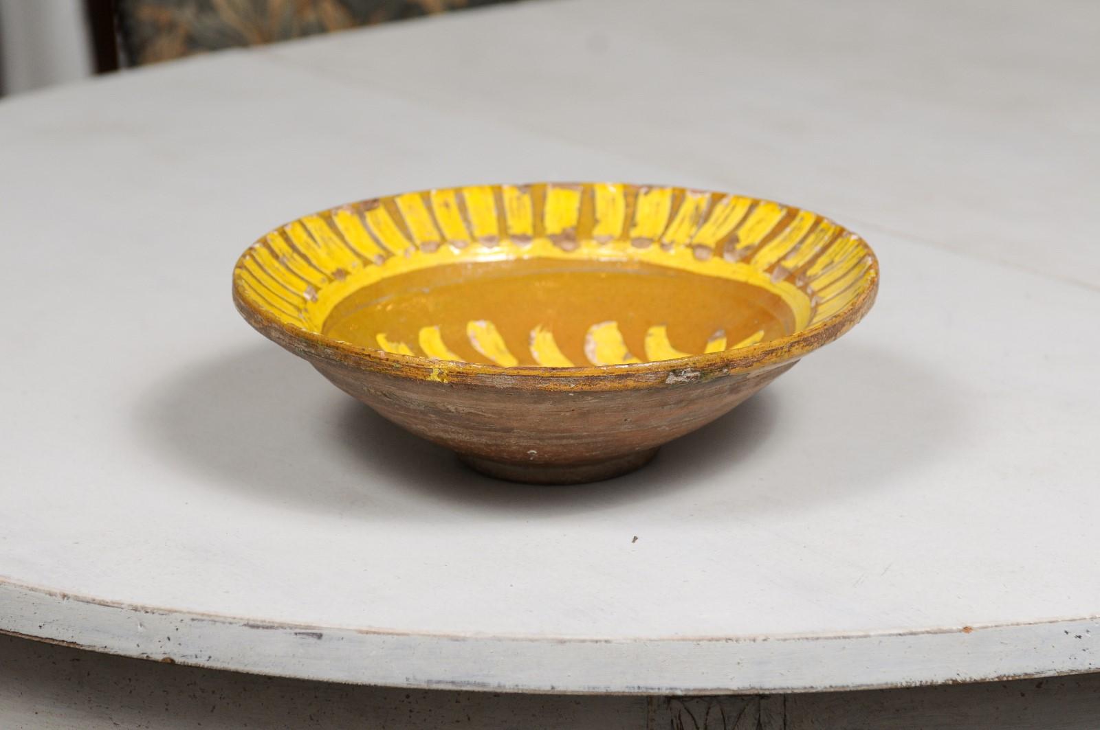 French 19th Century Pottery Soup Plate with Yellow Starburst Pattern and Foliage 5