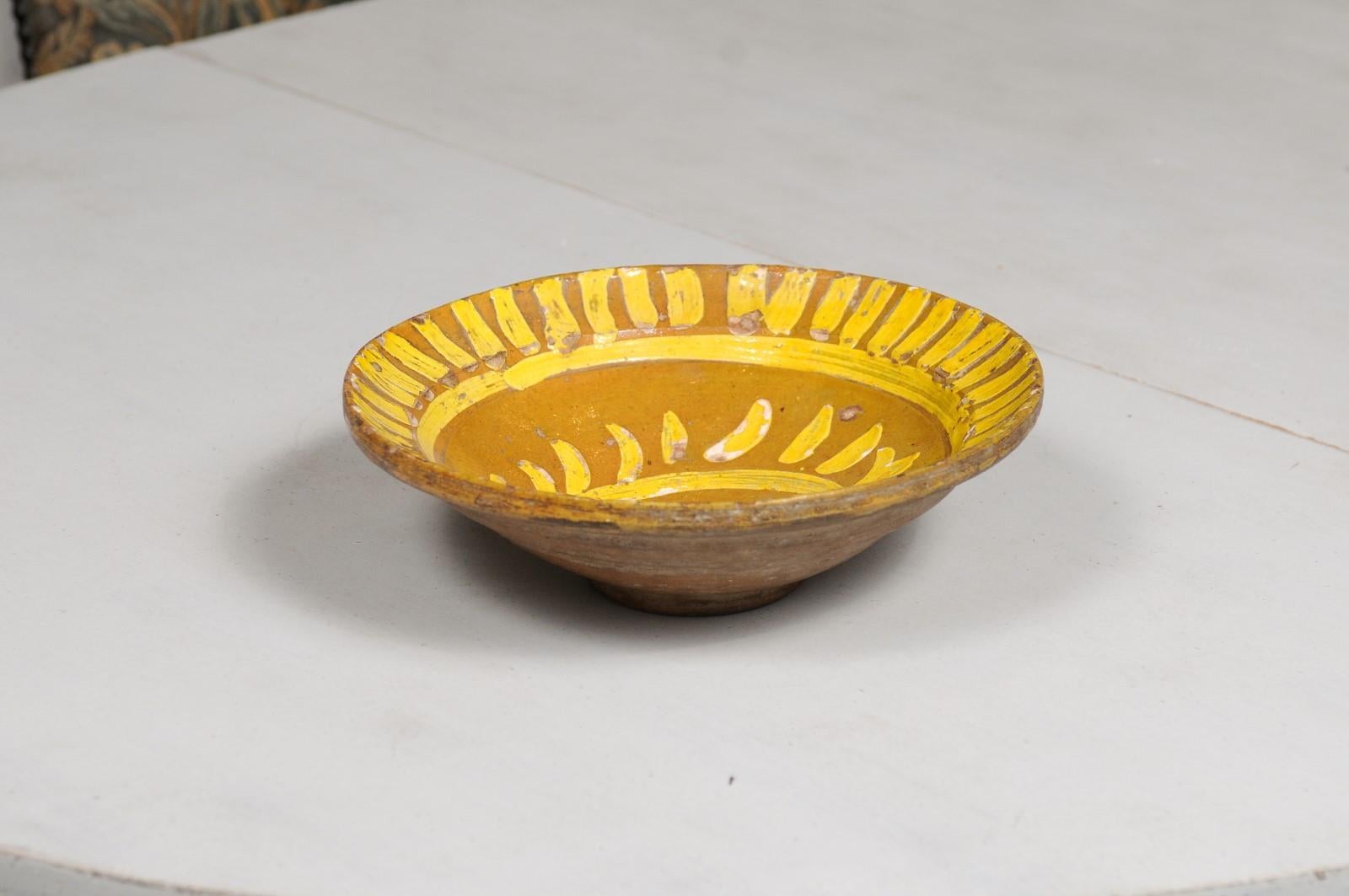 French 19th Century Pottery Soup Plate with Yellow Starburst Pattern and Foliage 6
