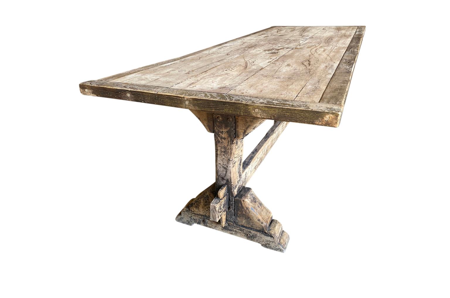 Beech French 19th Century Primitive Farm Table - Trestle Table For Sale