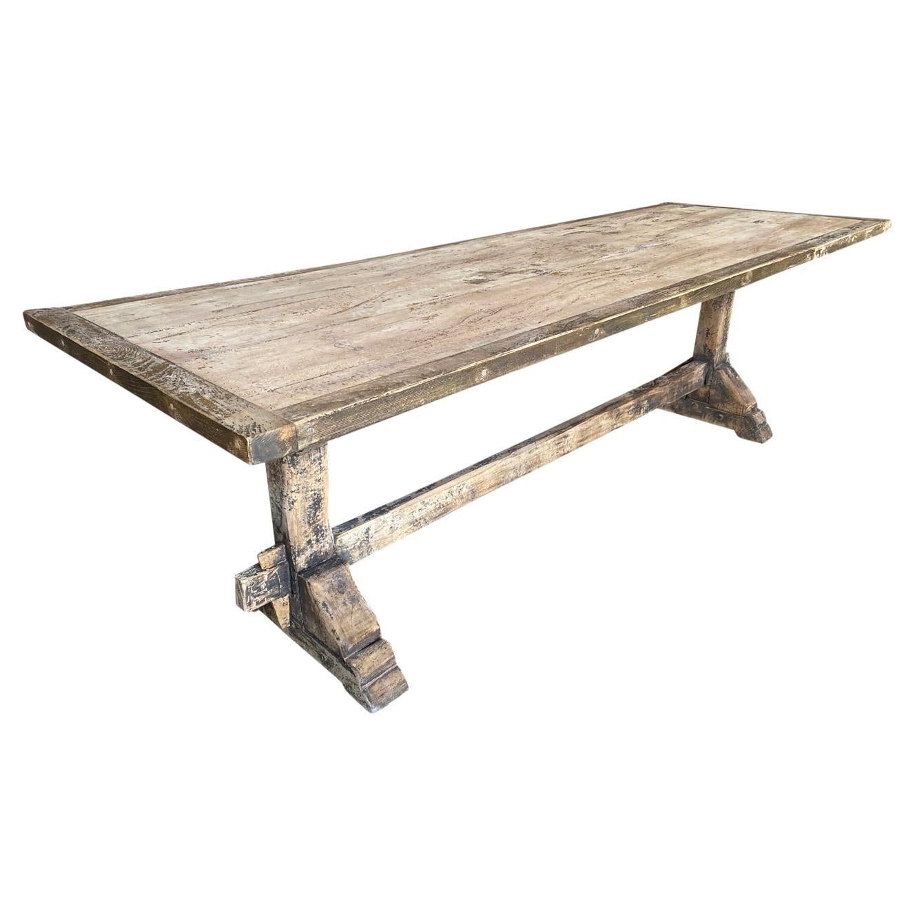 French 19th Century Primitive Farm Table - Trestle Table For Sale
