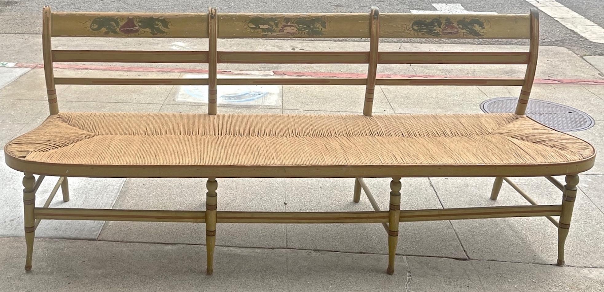 Hand-Crafted French 19th Century Provençal Hand Painted Bench with New Rush Seating For Sale