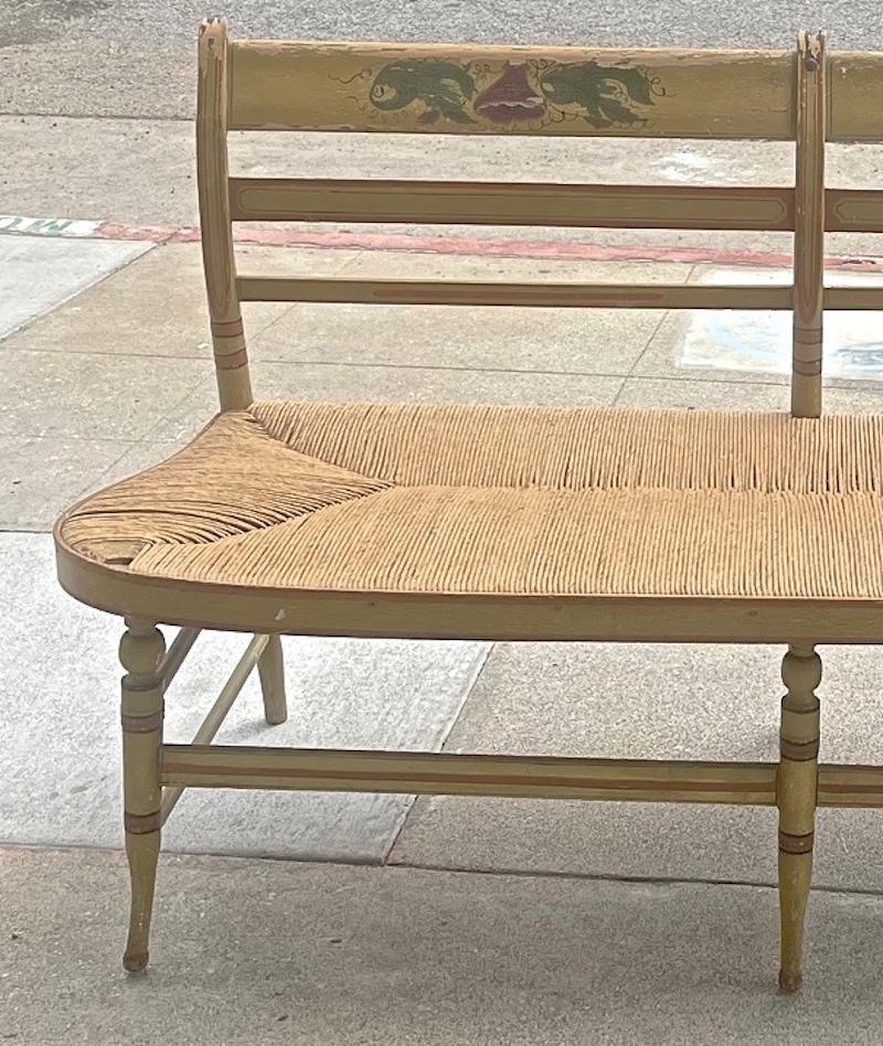 French 19th Century Provençal Hand Painted Bench with New Rush Seating In Distressed Condition In Santa Monica, CA