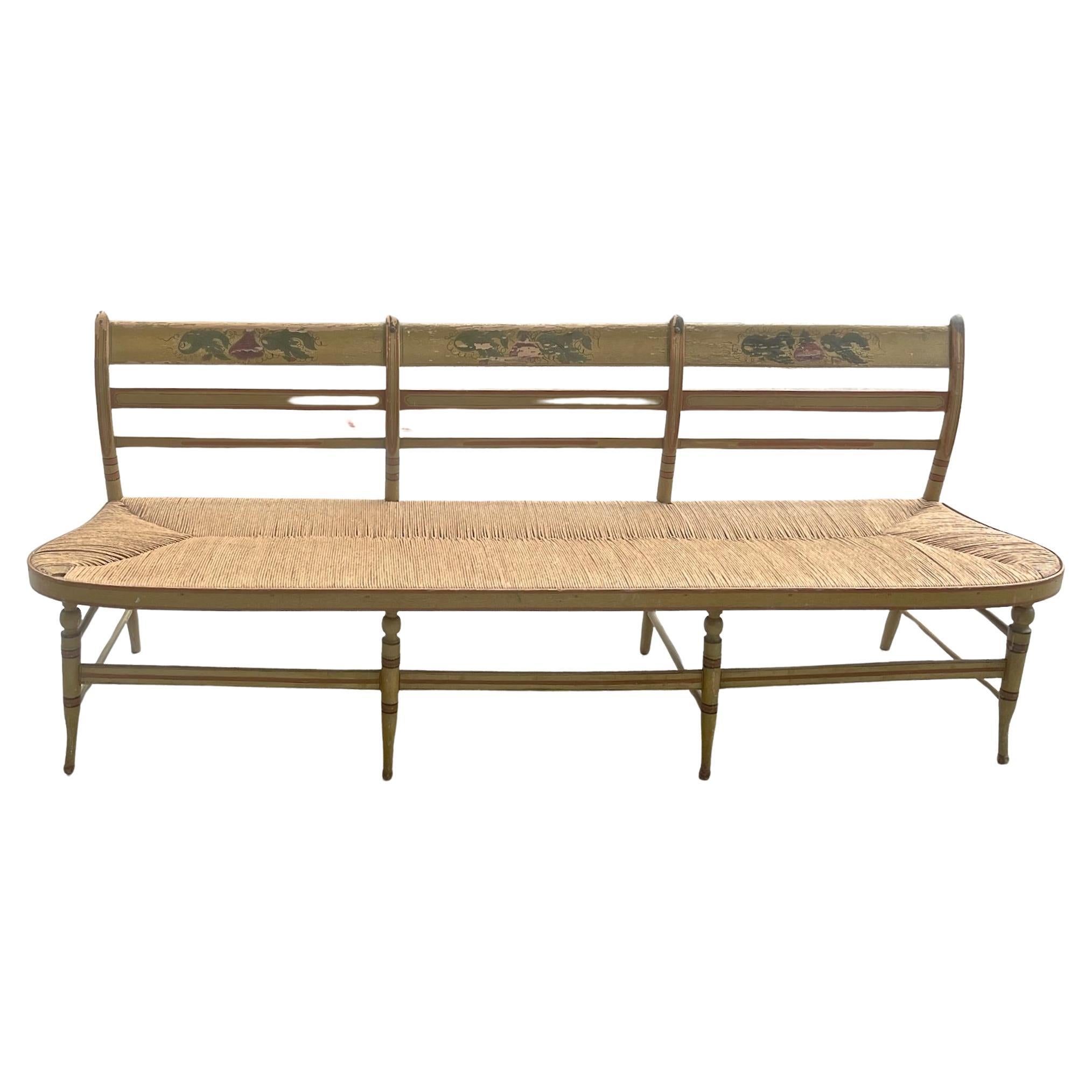 French 19th Century Provençal Hand Painted Bench with New Rush Seating For Sale