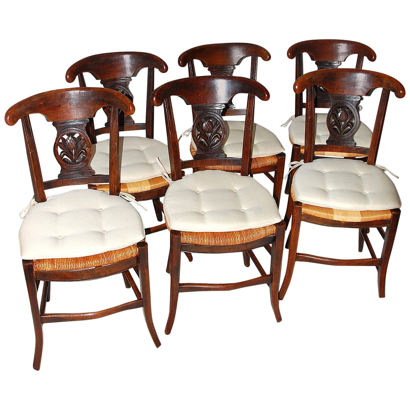 French 19th Century Provincial Chestnut, Rush Seated, Set of Six Dining Chairs