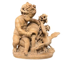 French 19th Century Putto with Swan Terracotta Sculpture in Manner of Clodion