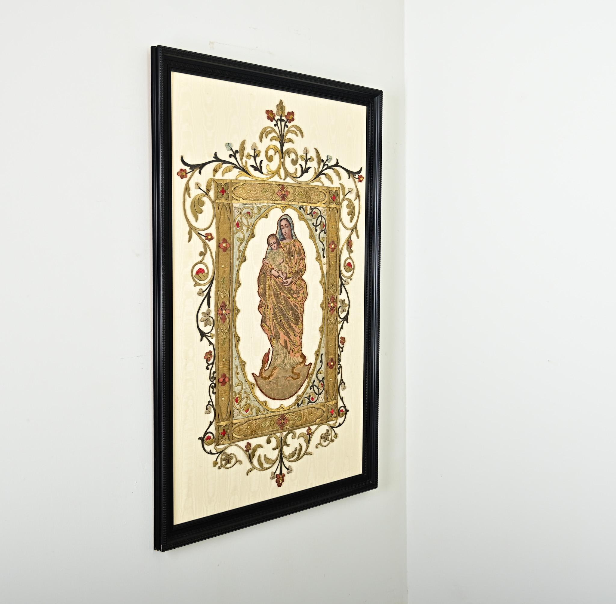 French 19th Century Raised Embroidery of Madonna & Child For Sale 10
