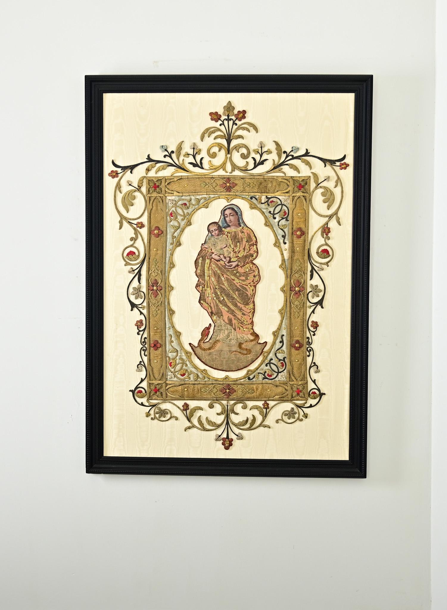 French Provincial French 19th Century Raised Embroidery of Madonna & Child For Sale