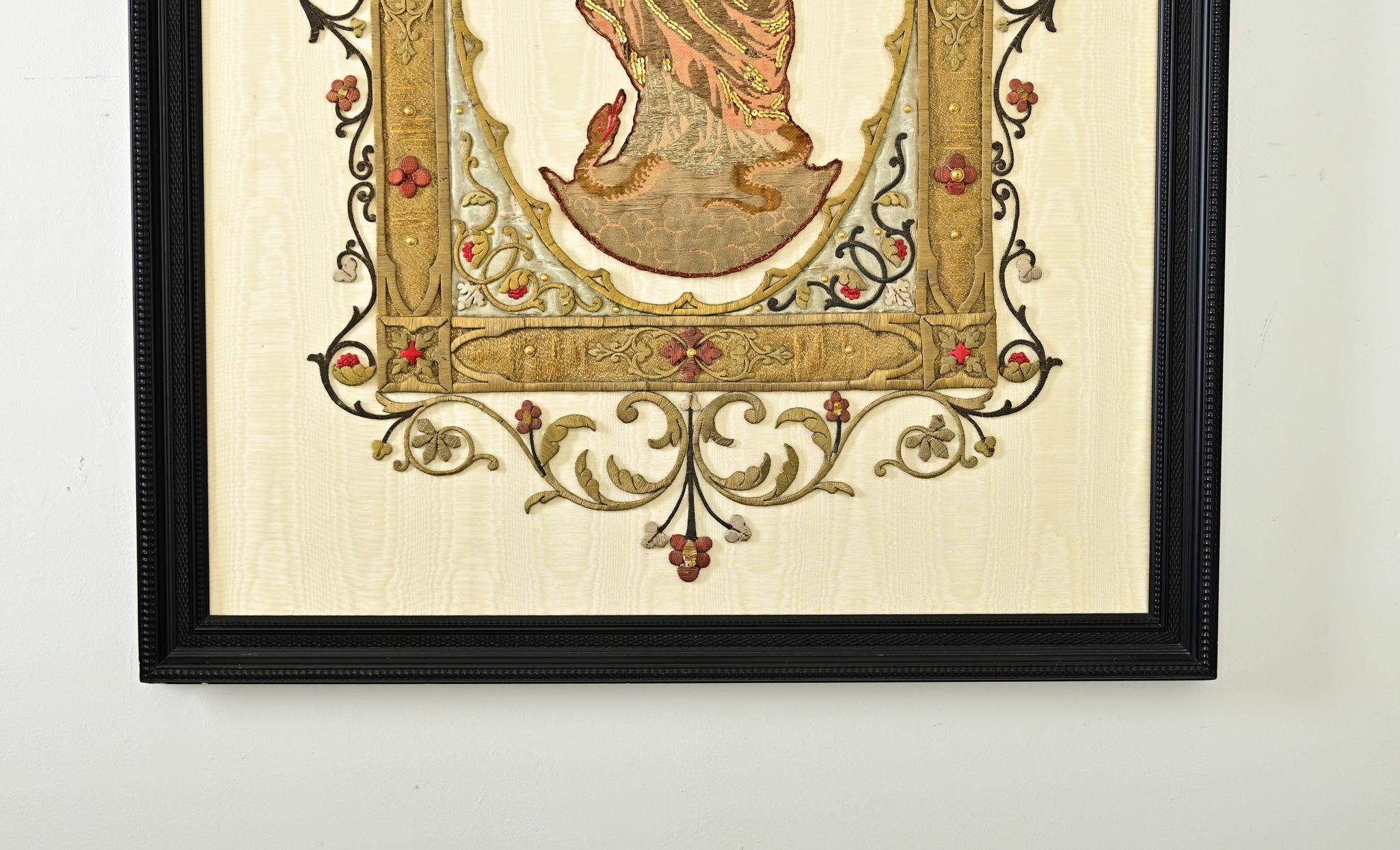Fabric French 19th Century Raised Embroidery of Madonna & Child For Sale
