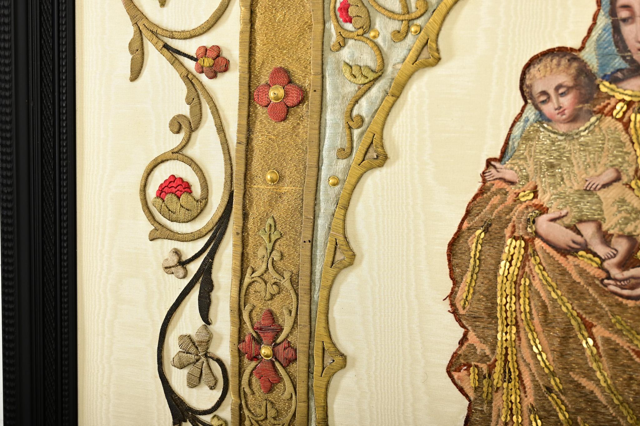 French 19th Century Raised Embroidery of Madonna & Child For Sale 1