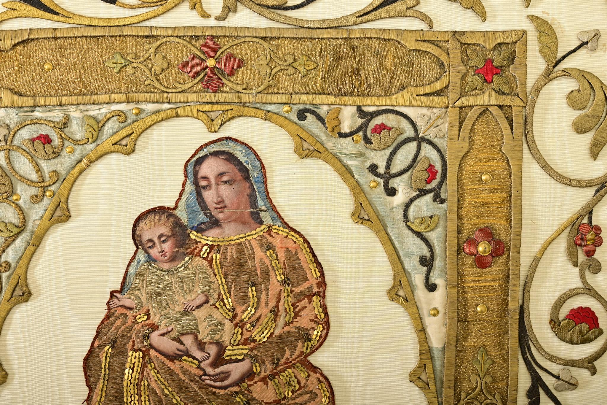 French 19th Century Raised Embroidery of Madonna & Child For Sale 3