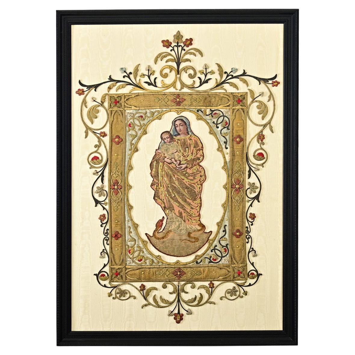 French 19th Century Raised Embroidery of Madonna & Child For Sale