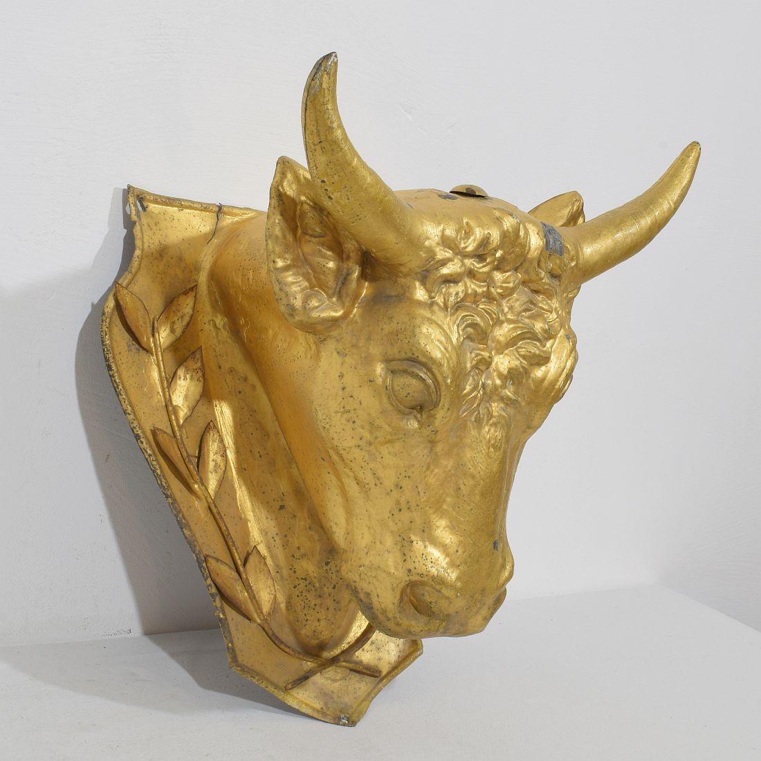 Gilt French 19th Century Rare Gilded Zinc Bull's Head Butcher's Sign For Sale