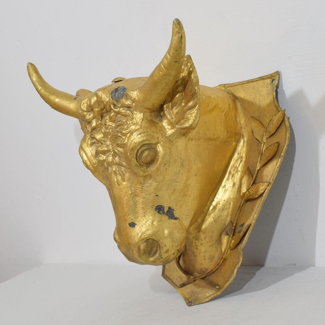 French 19th Century Rare Gilded Zinc Bull's Head Butcher's Sign For Sale 1