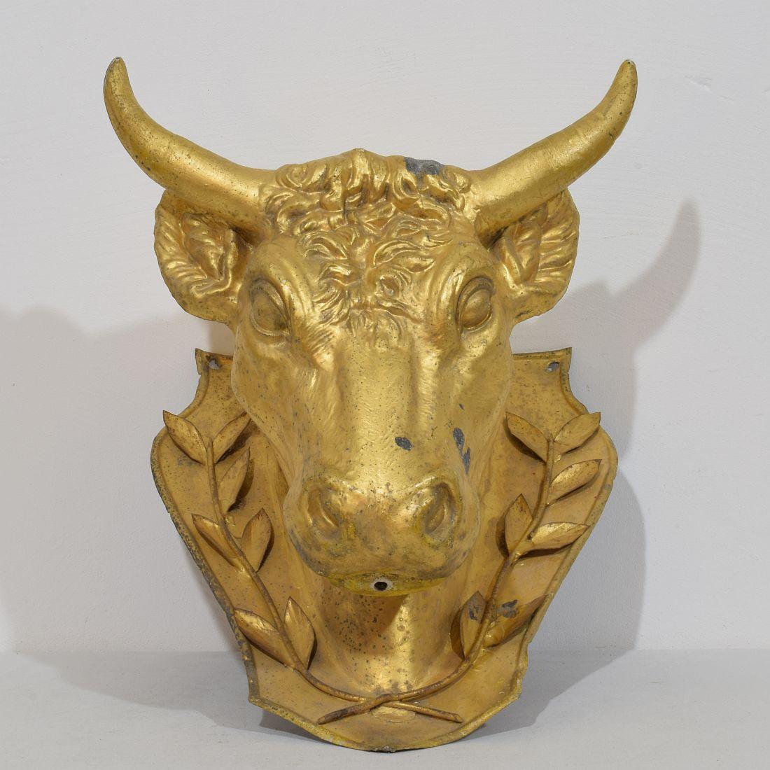 French 19th Century Rare Gilded Zinc Bull's Head Butcher's Sign For Sale 4