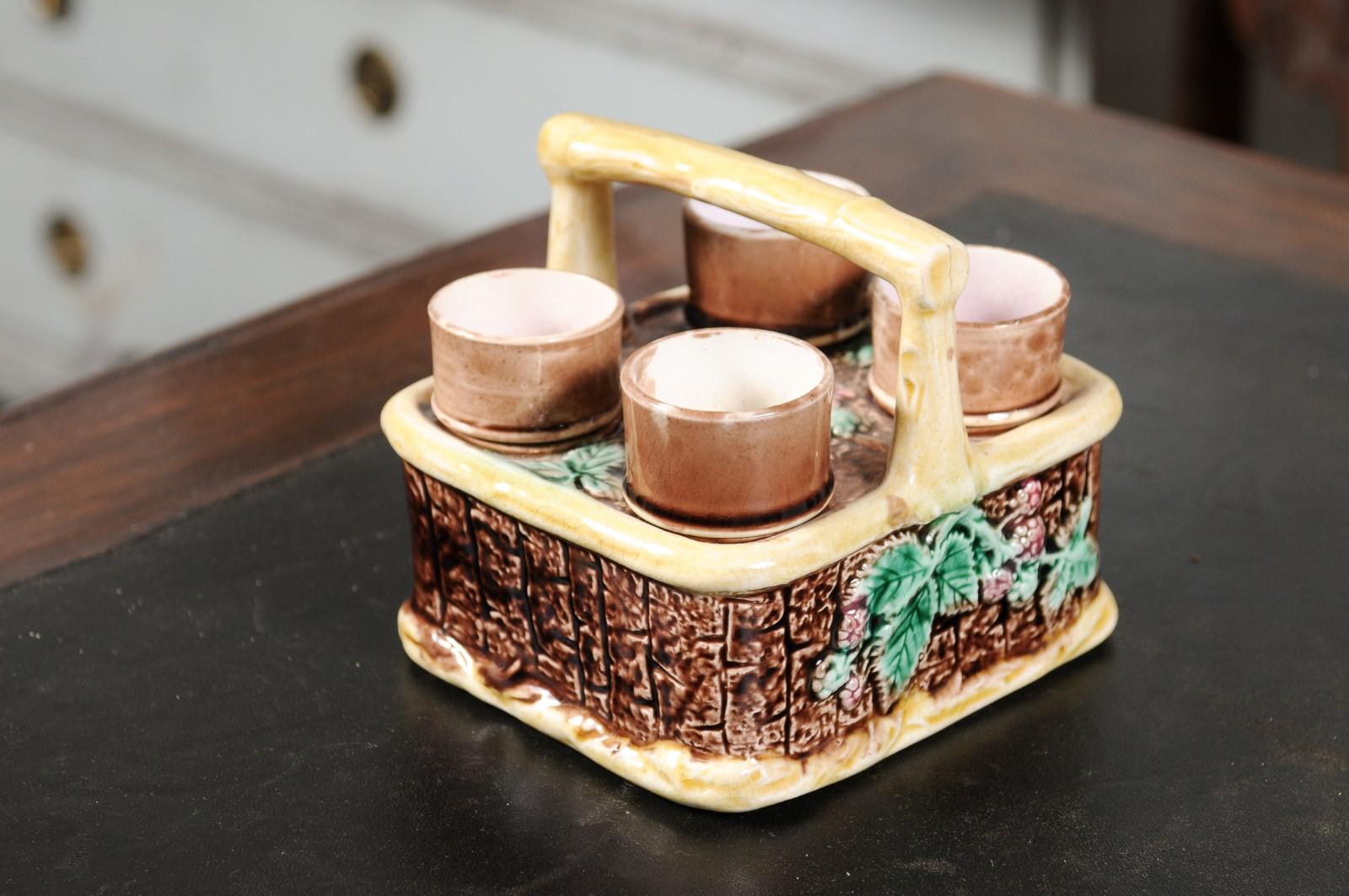 French 19th Century Rare Tea Set with Foliage Adorned Majolica Basket For Sale 8