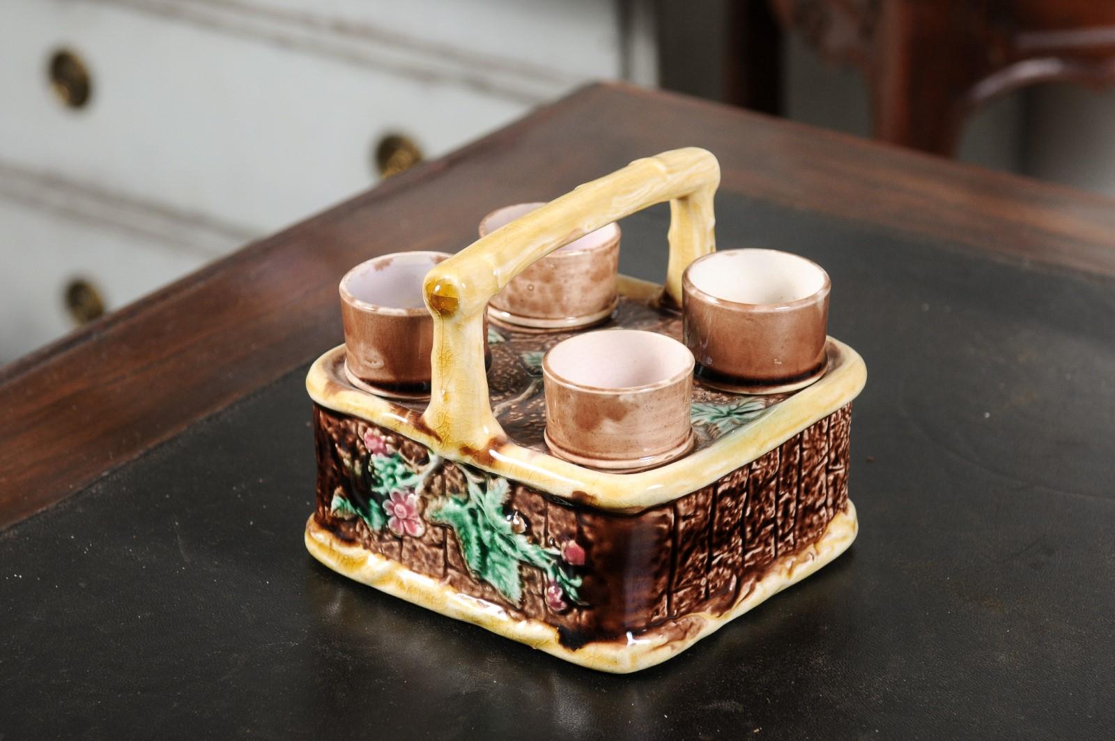 French 19th Century Rare Tea Set with Foliage Adorned Majolica Basket For Sale 10