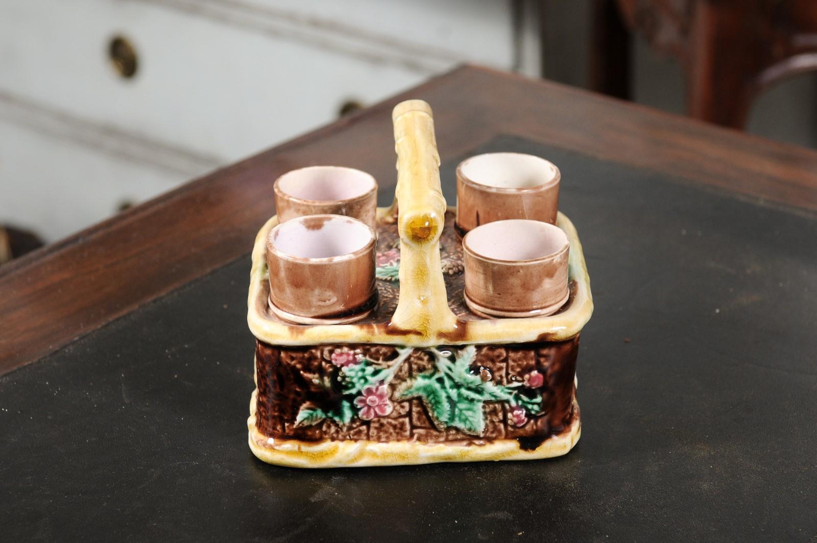 French 19th Century Rare Tea Set with Foliage Adorned Majolica Basket For Sale 11