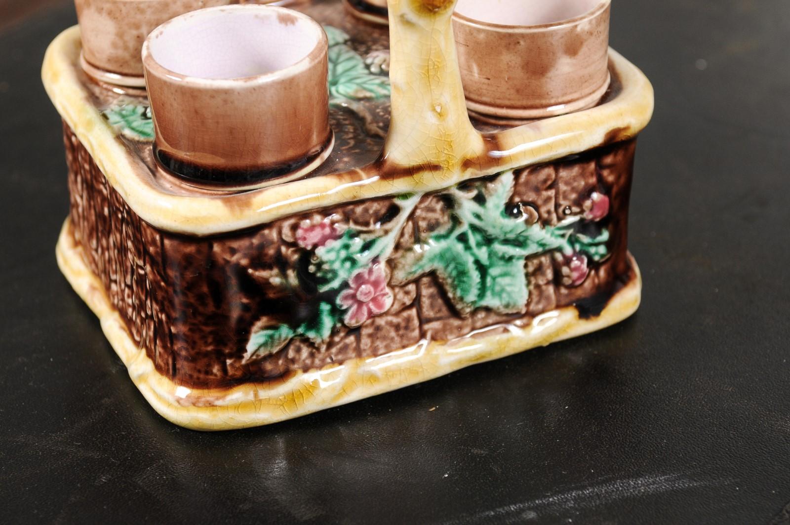 French 19th Century Rare Tea Set with Foliage Adorned Majolica Basket For Sale 1